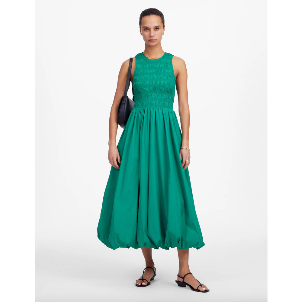 Madewell The Melody Bubble Hem Smocked Midi Dress Poplin Verdant Green Large NWT